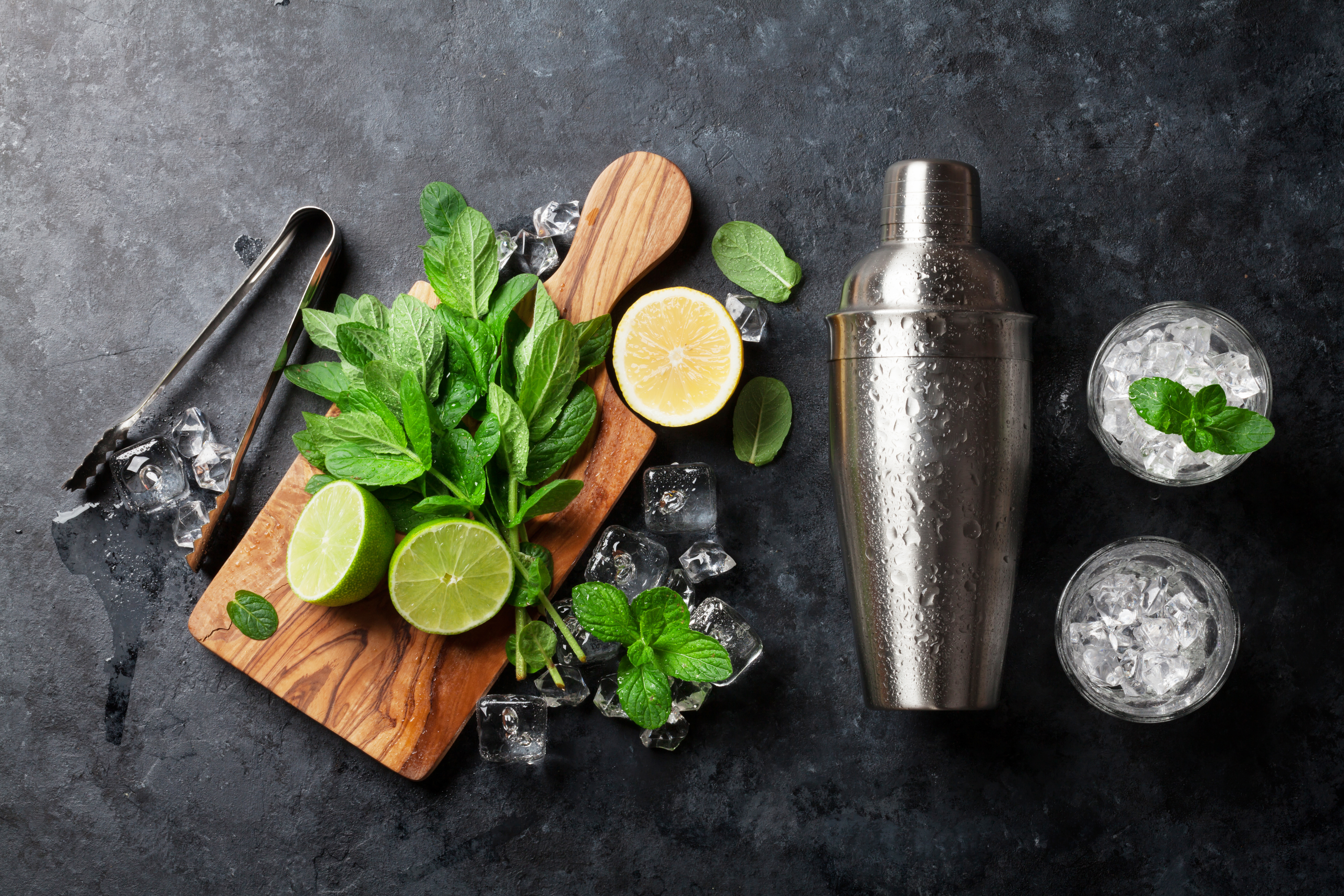 A cocktail shaker and Mojito cocktail ingredients | Source: Shutterstock