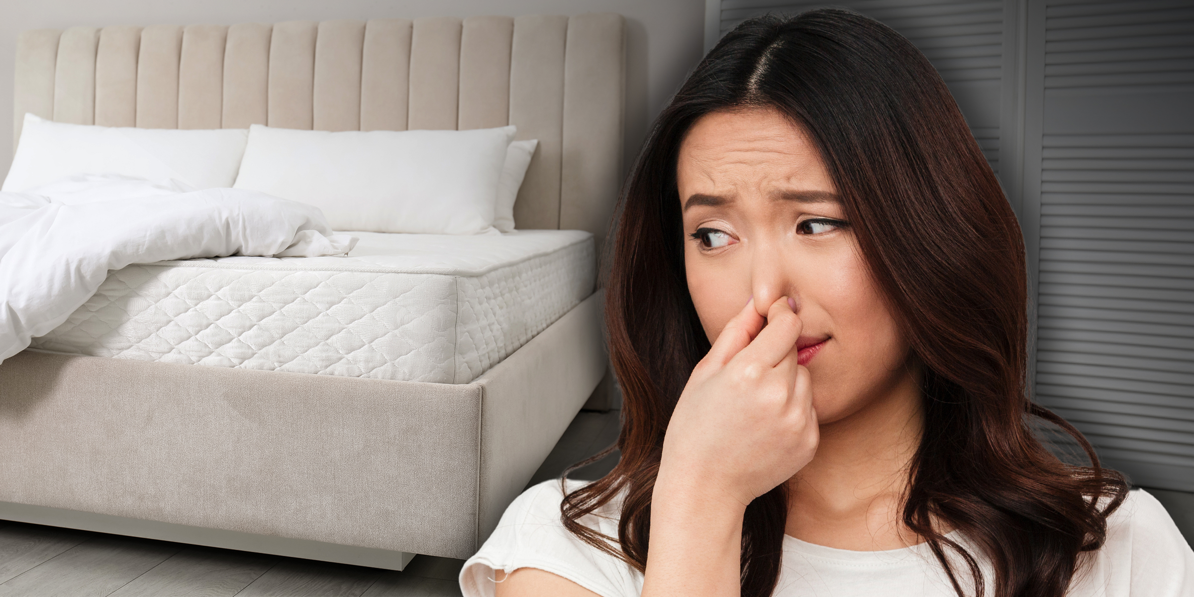 A mattress | A woman pinching her nose due to a bad smell | Source: Shutterstock