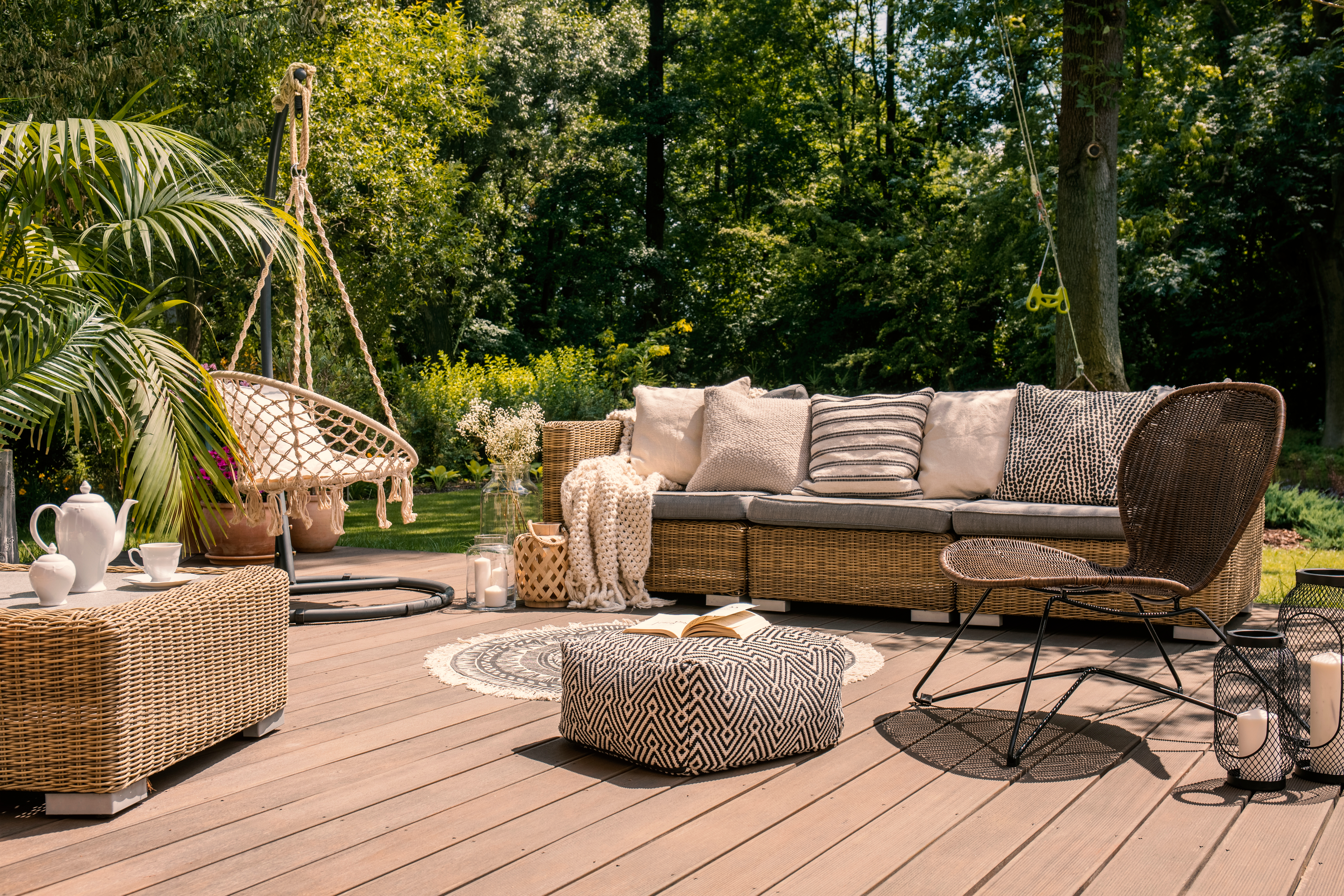 A patio with rattan and wood features. | Source: Shutterstock