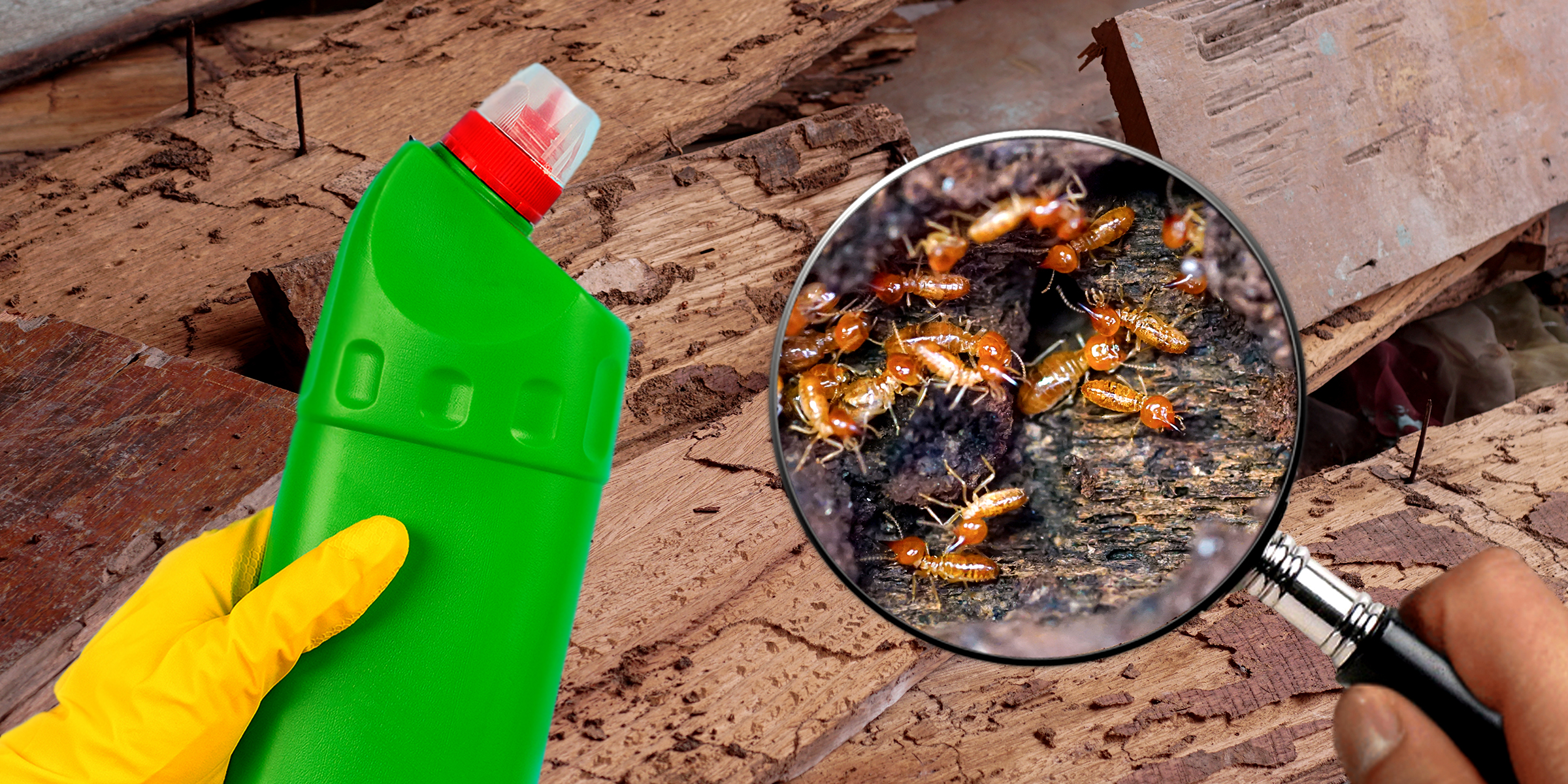 A bottle of bleach and termites under a magnifying glass | Source: Shutterstock